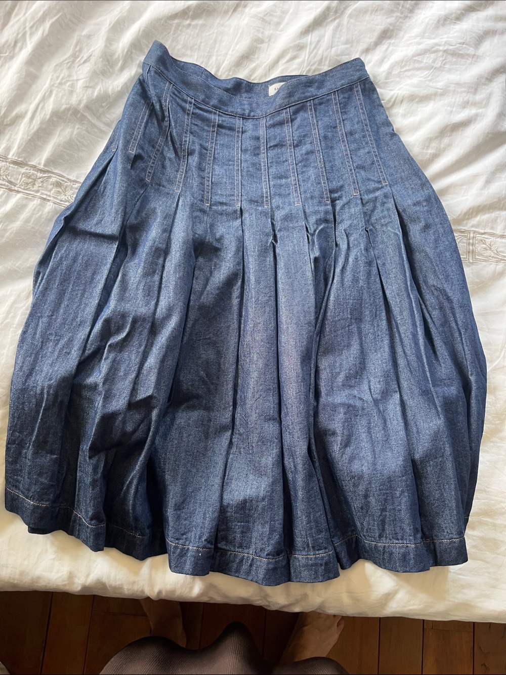 Babaton Blue Denim Pleated Midi Skirt